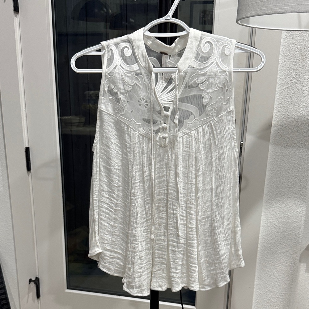 Free People Ivory Embroidered Sleeveless Top